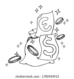 Money spells. Coins and banknotes with a bag of money. Success in business. Lottery. Fortune. Witchcraft, the concept of magic. Hand drawn vector illustration