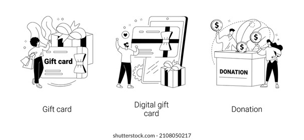 Money spending abstract concept vector illustration set. Gift certificate, e-commerce program, digital gift card, donation fund, charity organization, buy present, mobile store app abstract metaphor.