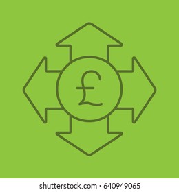 Money spending color linear icon. Great Britain pound with all direction arrows. Expanses. Thin line contour symbols on color background. Vector illustration