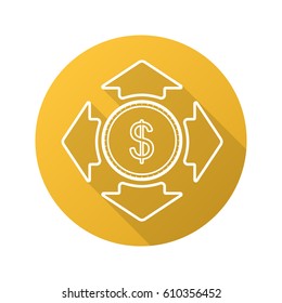 Money spending flat linear long shadow icon. Dollar coin with all direction arrows. Vector line symbol
