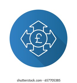 Money spending flat linear long shadow icon. Great Britain pound with all direction arrows. Expanses. Vector outline symbol