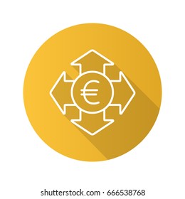 Money spending flat linear long shadow icon. Euro currency with all direction arrows. Expanses. Vector outline symbol