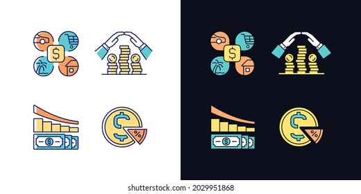 Money spending light and dark theme RGB color icons set. Expense planning. Personal saving. Financial literacy. Isolated vector illustrations on white and black space. Simple filled line drawings pack