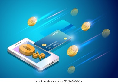 Money spending, online shopping. Gold coins falling on 0% interest free rate with credit card on smartphone. Financial, banking hot promotion for shopper concept.