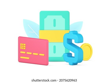 Money spending, shopping, payment, buying, consumerism 3d icon isometric vector illustration. Flying stack of cash dollar and coins, credit card for emoney contactless epayment. Shopaholism isolated