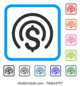 Money Sphere icon. Flat gray iconic symbol in a light blue rounded rectangular frame. Black, gray, green, blue, red, orange color variants of Money Sphere vector. Designed for web and app UI.