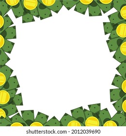 Money square frame. Coins and banknotes around the edge of the square, space for text or photographs. Vector illustration, flat cartoon color minimal design, isolated on white background, eps 10.