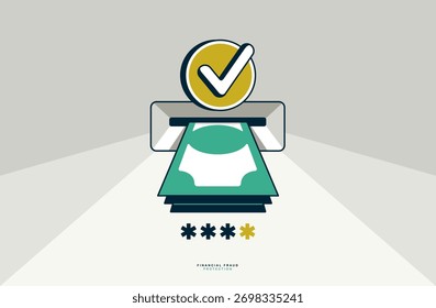 Money stack from ATM with password or code conceptual poster, financial fraud protection concept, icon style vector illustration of a banknotes pile and ATM and password or code typing.