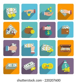 Money stack bag wallet icon flat set with investment market wealth elements isolated vector illustration