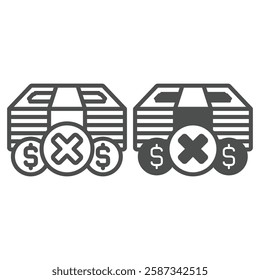Money stack with coins forbidden line and solid icon, world sanctions concept. Vector graphics. Dollar coins and paper banknotes sign on white background, outline style icon for mobile or web design