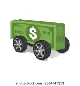 Money stack dollar bills on wheels isolated on a white background, car for cash concept. icon style, sticker, illustration, vector, cartoon, EPS 10.  