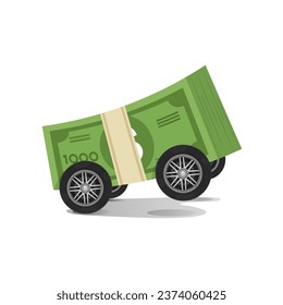 Money stack dollar bills on wheels isolated on a white background, car for cash concept. icon style, sticker, illustration, vector, cartoon, EPS 10.  