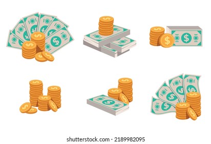 Moneda de dinero moneda de dólar línea de efectivo pila arte estilo dibujado a mano diseño gráfico conjunto de ilustraciones colección