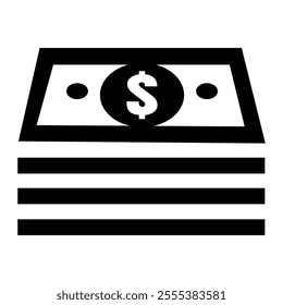 Money stack, dollar symbol, minimalist design, black and white, icon style, simple illustration, financial theme.  Bills of dollars vector icon.