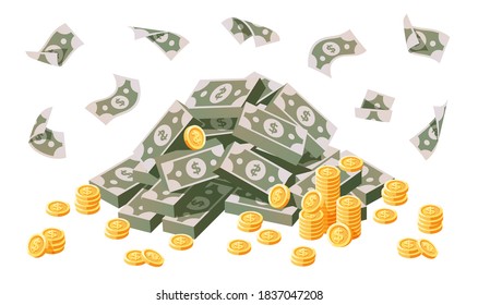 Money, stack of dollars. Heap of shining golden coins. Money, finance, business icon. Flat style vector illustration. Signs and symbols. Modern simple cartoon style. Colorful background.