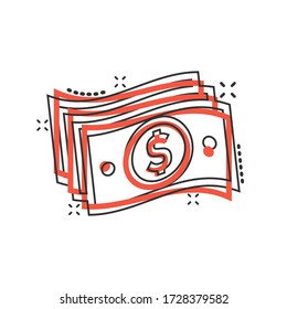 Money stack icon in comic style. Exchange cash cartoon vector illustration on white isolated background. Dollar banknote bill splash effect business concept.