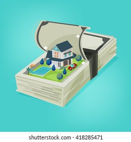 Money Stack Open And Show Big House With Pool, Super Car Inside. Property. Saving Money For Buying A House - Vector Illustration