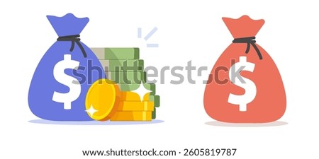 Money stack pile with cash bag sack modern trendy icon graphic design illustration set, golden coins save value storage flat cartoon image clip art