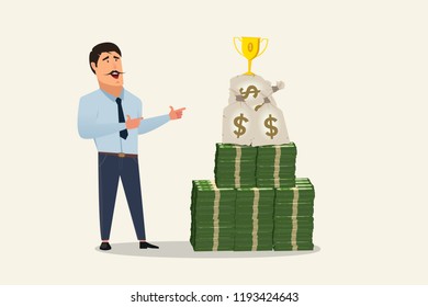 Money stack pile vector. Smiling businessman looking at money stack piled near him and some money bag over the money stack with 1st place trophy over that, showing the sign of success and profit.