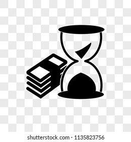 Money stack and sand clock vector icon on transparent background, Money stack and sand clock icon