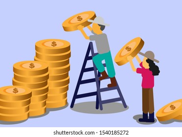 Money stack. Teamwork of people in investing and making profit. Men and women business collect coins from the money stack. Vector illustration of investing concept.
