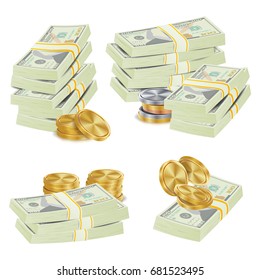 Money Stacks Bill, Coins Isolated Vector Illustration. Realistic Money Stacks Concept 

