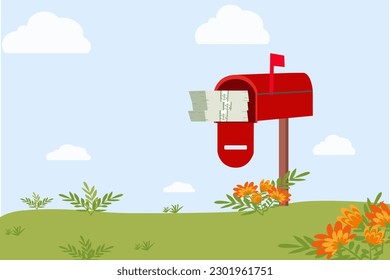 El dinero se acumula en un buzón abierto rojo con fondo natural.