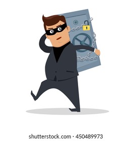 Money stealing concept vector. Flat design. Financial crime, tax evasion, money laundering, political corruption illustration. Robbery. Man in a business suit, in mask carrying a safe on his back.