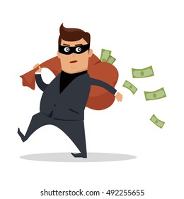 Money stealing concept vector. Flat design. Financial crime, tax evasion, money laundering, political corruption illustration. Robbery. Man in a business suit, in mask carrying a bag of money on back.