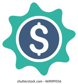 Money Sticker icon. Vector style is bicolor flat iconic symbol with rounded angles, cobalt and cyan colors, white background.