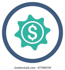 Money Sticker vector bicolor rounded icon. Image style is a flat icon symbol inside a circle, cobalt and cyan colors, white background.