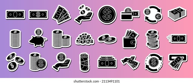 Money stickers. Simple Set with Financial icons. Payment symbols. Cash, coins, exchange, wallet, atm. Flat style in vector illustration. Isolated on white background.