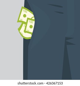 Money Sticking Out Of The Pocket Of Mens Pants. Rich Man Concept.