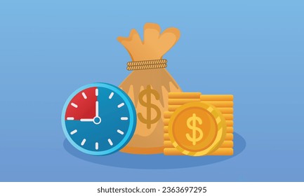 Money and Stopp watch Quick Loans Timely Payments Financial Decision Payday Credit Short Term Business and Finance.on blue background.Vector Design Illustration.