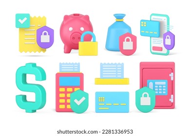 Money storage financial transaction protect online payment safe investment savings secure set 3d icon realistic vector illustration. Banking purchase shopping security currency internet transfer