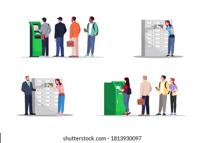 Money storage and withdrawal semi flat RGB color vector illustration set. Self serving kiosk client. Bank service customers isolated cartoon character on white background collection