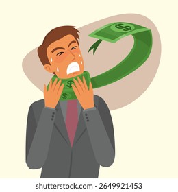 O dinheiro estrangula um homem de negócios. Conceito De Ataque Financeiro. Ilustração de vetor de desenhos animados.    