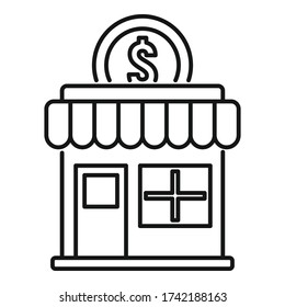 Money street shop icon. Outline money street shop vector icon for web design isolated on white background