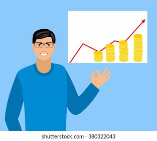 Money, success in business, concept is something.  Financial charts theme elements. An illustration of a male doing a perfect sign and pointing at a graphs
