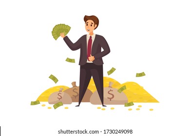 Money, success, capital, profit, wealth, business concept. Young happy smiling rich businessman clerk manager cartoon character waving with money cash fan. Financial luck, income raising illustration.
