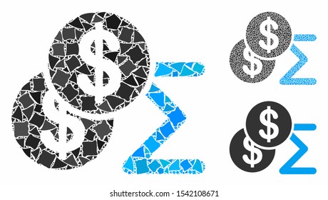 Money summary composition of uneven pieces in different sizes and color tinges, based on money summary icon. Vector unequal pieces are combined into composition.