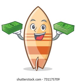 With money surfboard character cartoon style