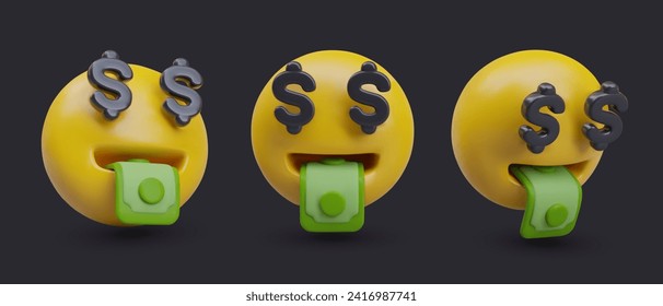 Geld überraschte Gesichter in verschiedenen Positionen. Emoticon Geldmund Gesicht mit Dollar Augen. Das Finanzierungskonzept der Liebe. Vektorgrafik im 3D-Stil mit schwarzem Hintergrund