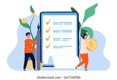 Money survey. Online questionnaire, election concept. People filling review, get money for reviews vector illustration
