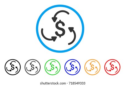 Money Swirl rounded icon. Style is a flat money swirl grey symbol inside light blue circle with black, gray, green, blue, red, orange versions. Vector designed for web and software interfaces.