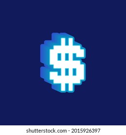Money symbol with 3d shadow. Pixel sign of dollar. Blue money icon in 2d. Bonus. Retro. Cartoon. 8-bit. Financial. Business.