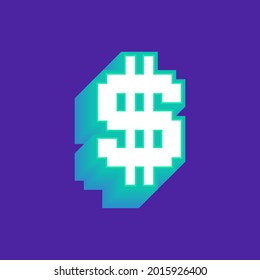 Money Symbol With 3d Shadow. Pixel Sign Of Dollar. Blue Money Icon In 2d. Bonus. Retro. Cartoon. 8-bit. Financial. Business.