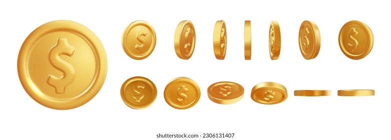  Símbolo del dinero, oro y riqueza. Dinero de éxito empresarial, presupuesto financiero. Monedas brillantes de oro. El signo del dólar en efectivo hace que los iconos se ajusten en forma diferente aislados en fondo blanco. Ilustración del vector