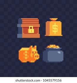 Money symbol pixel art icons set. Close chest, piggy bank, pot of gold and bag with dollar sign. Design for mobile app, web. Isolated vector illustration. 8-bit sptites.