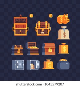 Money symbol pixel art icons set. Pirate chest, piggy bank, safe with money, pot of gold and bag with dollar sign. Design for mobile app, web. Isolated vector illustration. 8-bit sptites.